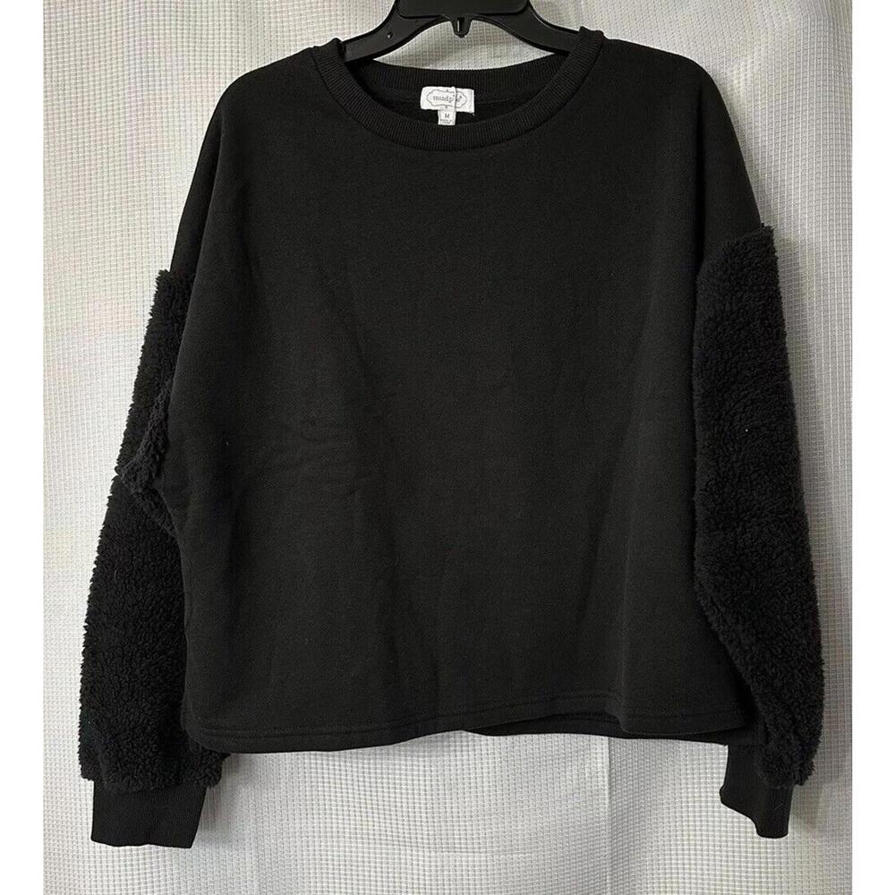 NWT Mudpie Womens Long Sleeve Black Layla Sherpa Pullover Sweatshirt Size Medium